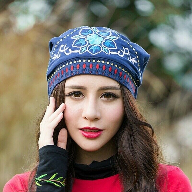 Broderie Femme Ethnique Bonnet Echarpe Foulard Floral Rétro Turban Coton