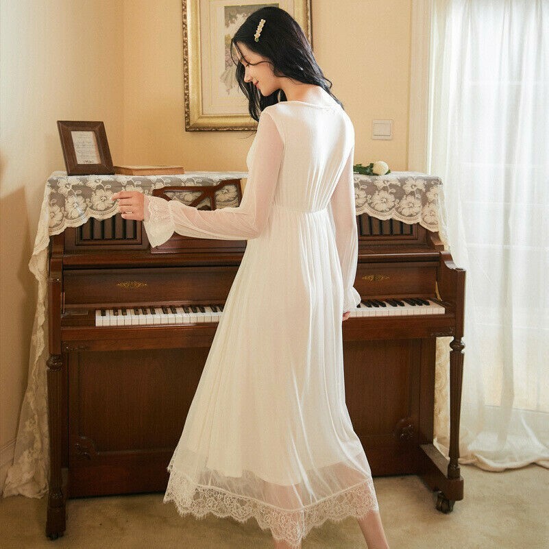 Damen V-Ausschnitt Nachthemd Spitze Lolita Langärmlig Nachtwäsche Kleid
