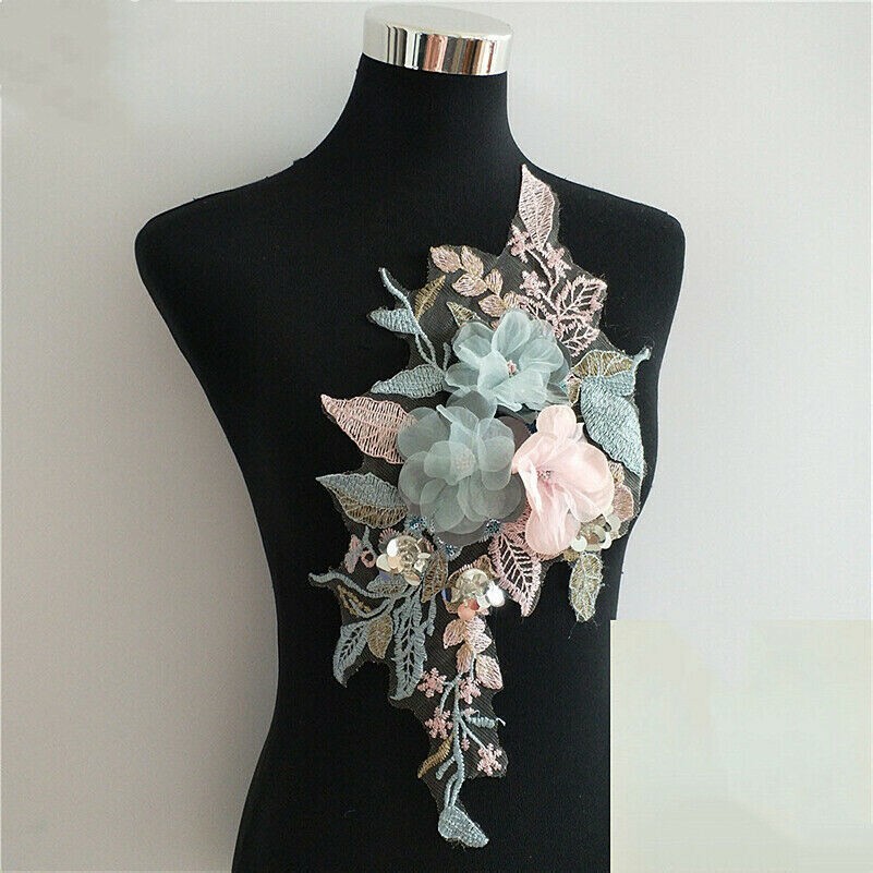 Embroidered Floral Lace Patch Applique Sequin Mesh Shiny for Wedding Dress
