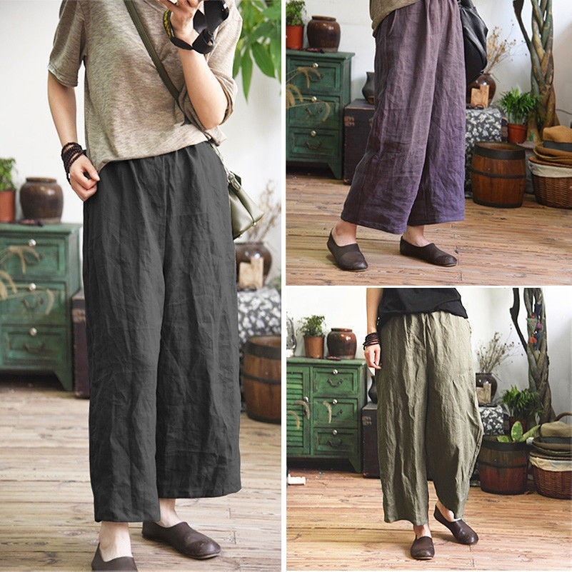 Damen Locker Hose Solid Hose Weites Bein Baggy Freizeit Vintage Neu