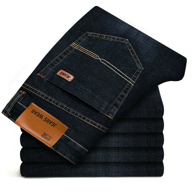Men Straight Jeans Trousers Stretch Slim-Fit Casual Denim Pants Business