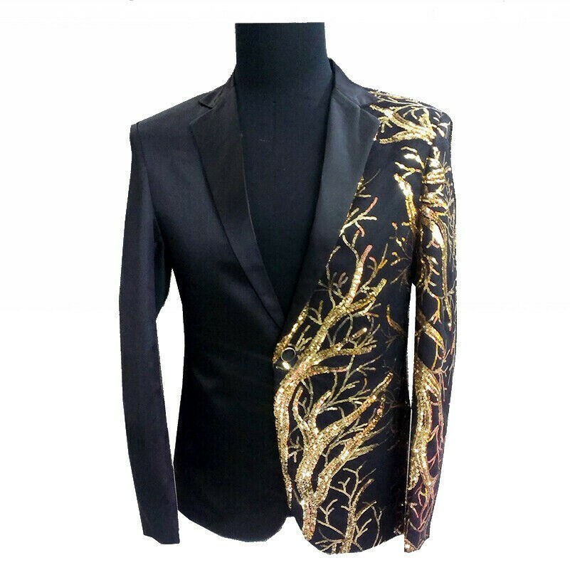 Mens Sequin Suit Jacket Notch Lapel Blazer Tuxedo Single Breasted Coat Top