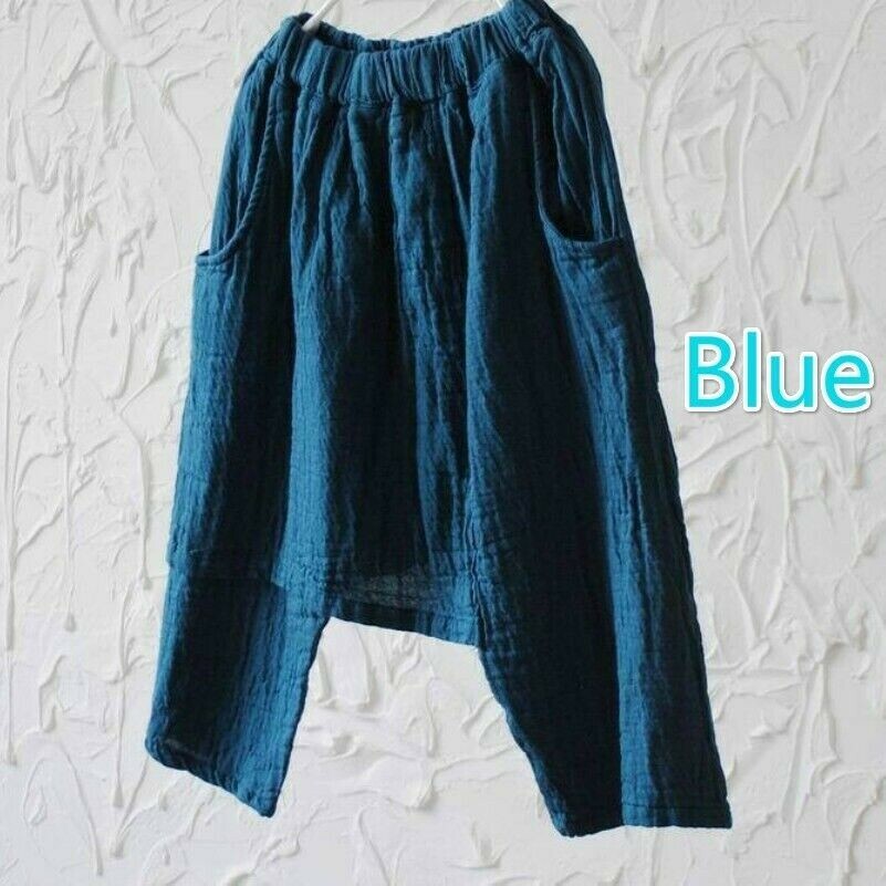 Women Linen Cotton Capri Pants Drop Crotch Loose Elastic Waist Vintage Casual