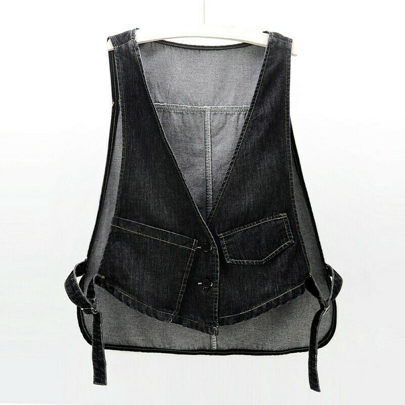Retro Damen Denim Weste Schnürer Ärmellos V Ausschnitt Jacke Top