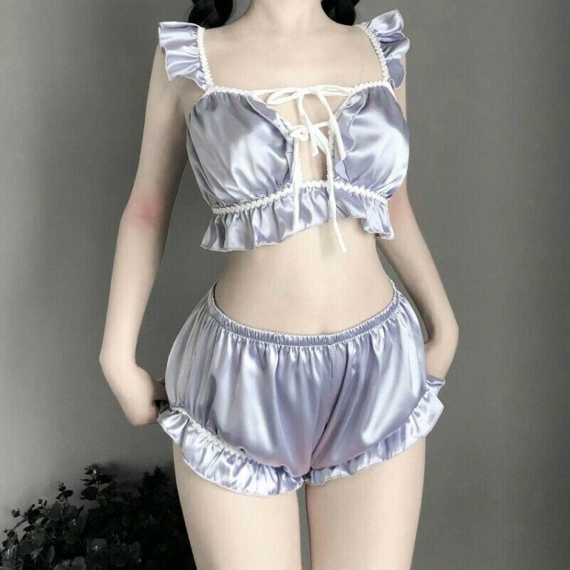 women-satin-bra-bloomer-set-lolita-ruffle-camisole-sleepwear-nightie-sexy-blue