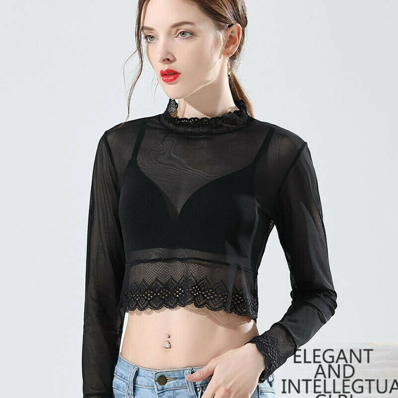 Femme Haut Court Dentelle Manches Longues Maille Pur Transparent T-Shirt Blouse