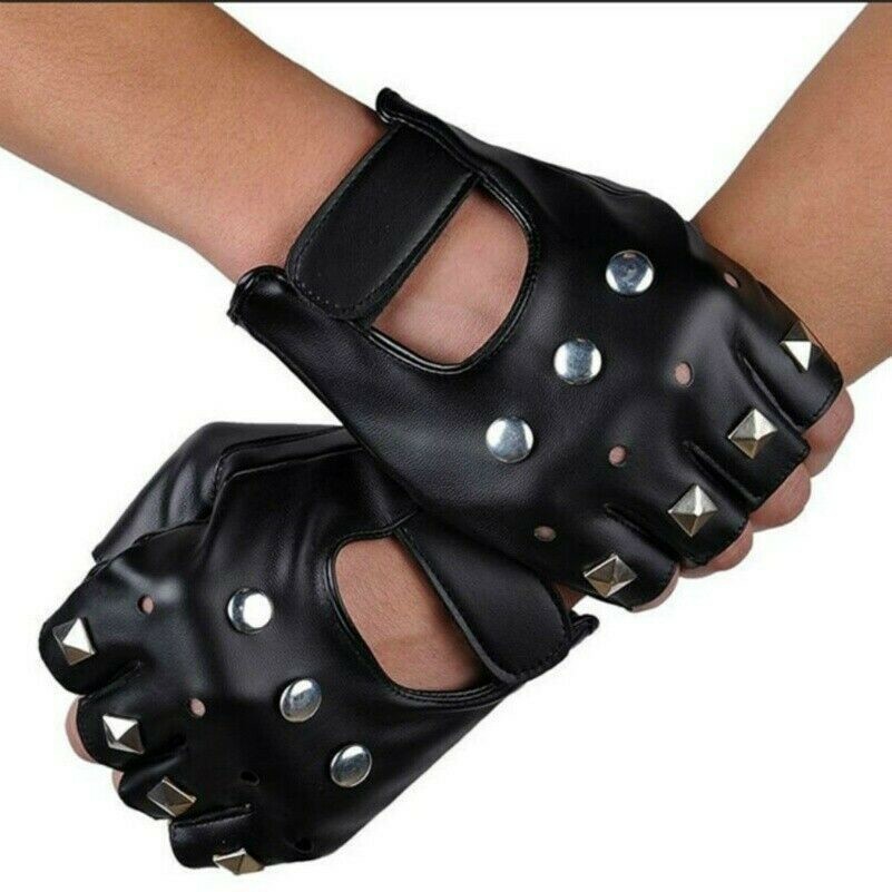 Men Gloves Stud Rivet Punk Gothic Vintage Fingerless PU Leather Dance Drive