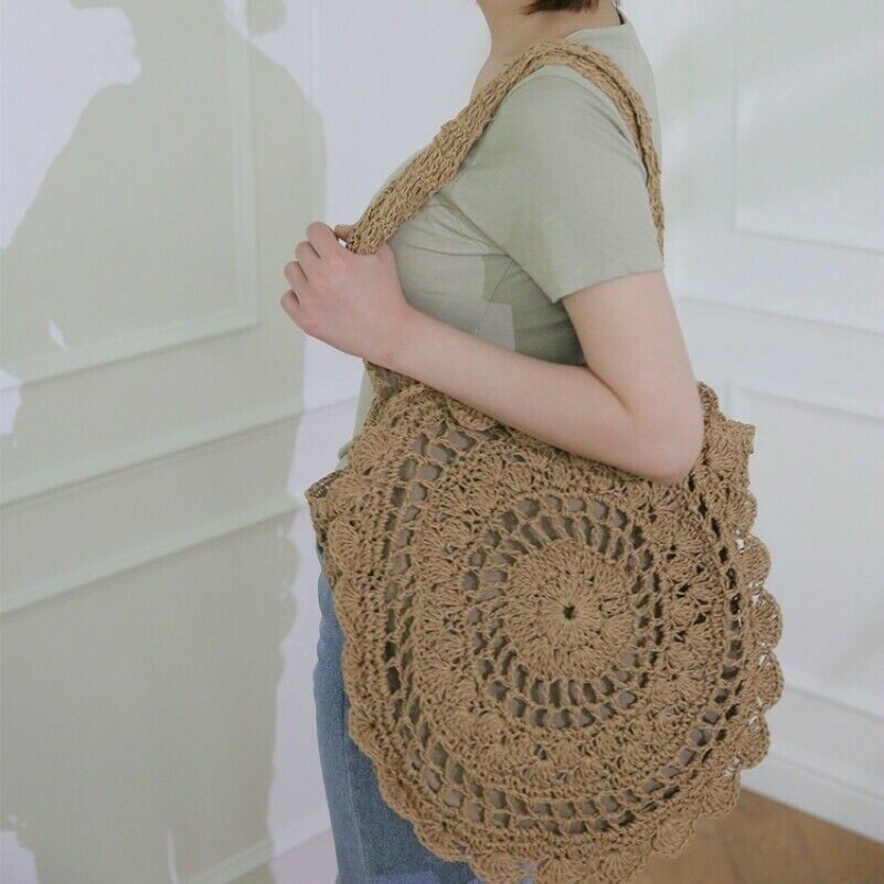 Women Straw Tote Bag Round Handbag Crochet Wicker Rattan Boho Woven Beach