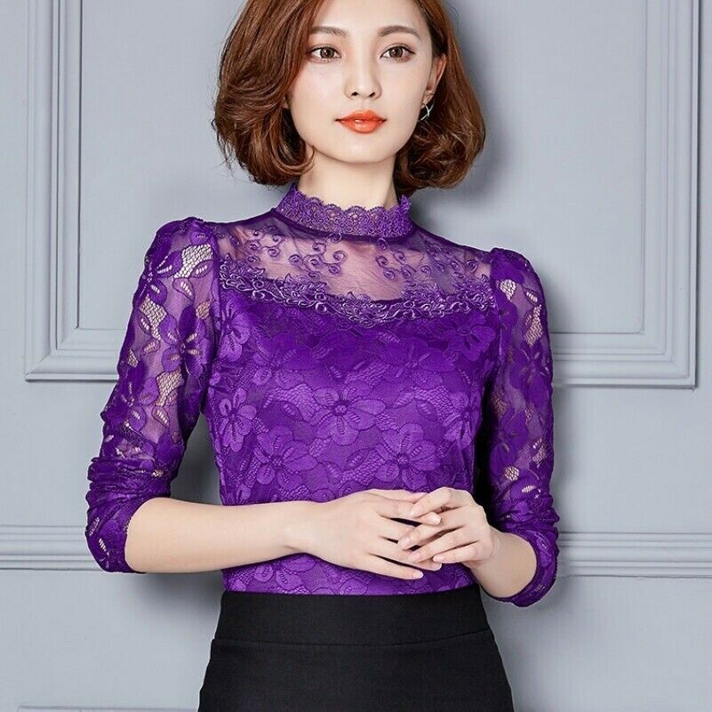 Damen Blumen Spitze Bluse Schmal Freizeit Top T-Shirt Langärmlig Aushöhlung Neu