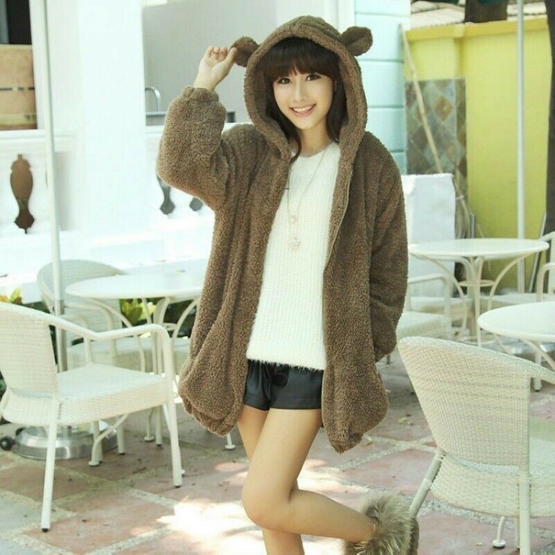 Lady Fleece Hoodies Jacket Coat Cardigan Warm Casual Baggy Fluffy Furry Bear Ear