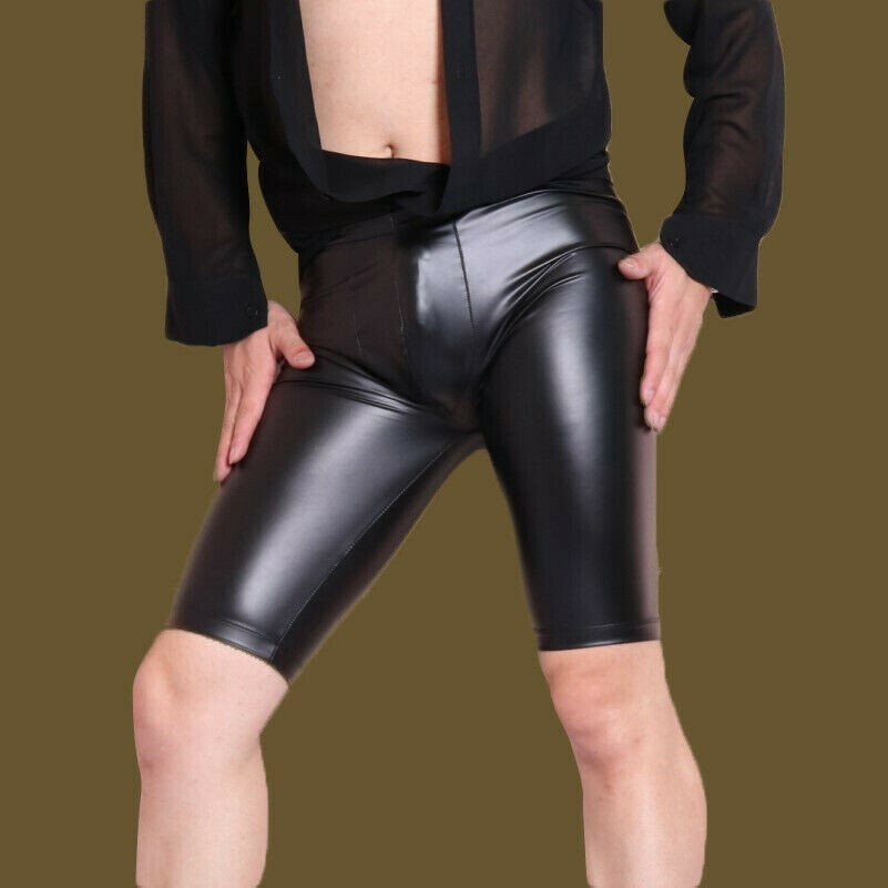 Men's Faux Latex Legging Shorts Pants Stretch Fitted Skinny Stage Club Black