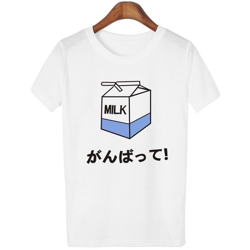 Womens Kawaii Milk Box Pattern T-shirt Short Sleeve Loose Blouse Top Tee Shirt