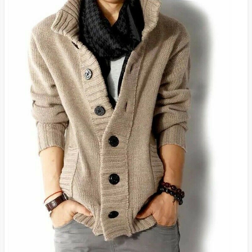 Homme Pull Cardigan Manteau Tricoté Col Montant Boutons Solide Décontracté