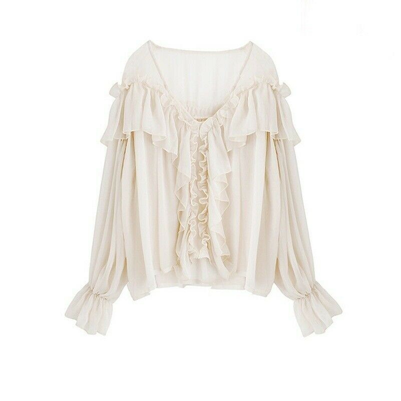 Femme Mousseline de Soie Petits Volants Chemise Maille Haut Pur Vintage