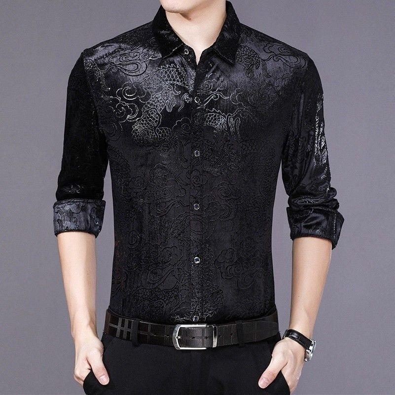Hommes Velours T-Shirt Manches Longues Décontracte Peluche Haut Dragon Habillé