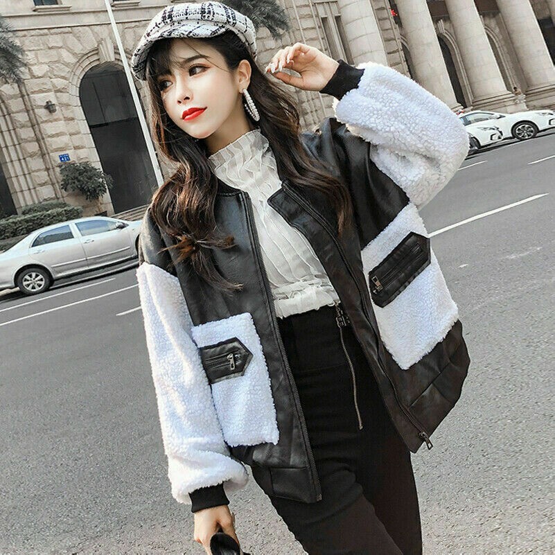 Damen Sherpa Kunstleder Mantel Jacke Vlies Reißverschluss Outwear Splice Locker