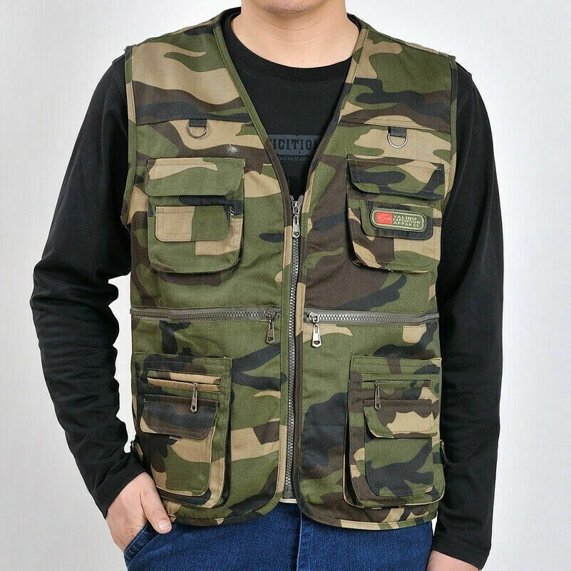 Herren Freizeit Kamera Fischen Jagen Multi-Taschen Reißverschluss Weste Armee