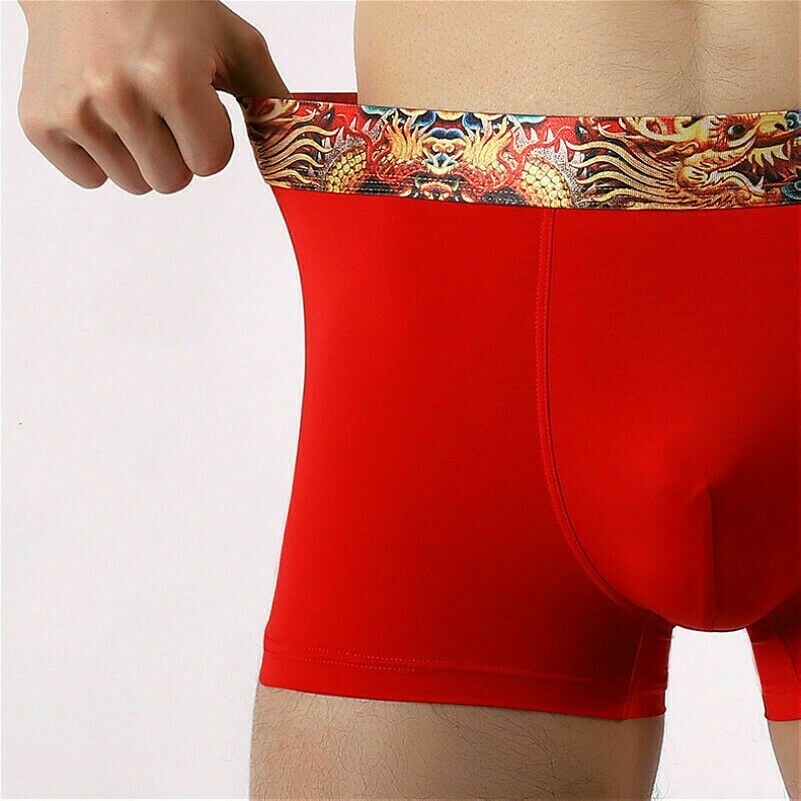 Herren Unterwäsche Drachen Aufdruck Slip Eis Seide Rot Shorts Boxershorts