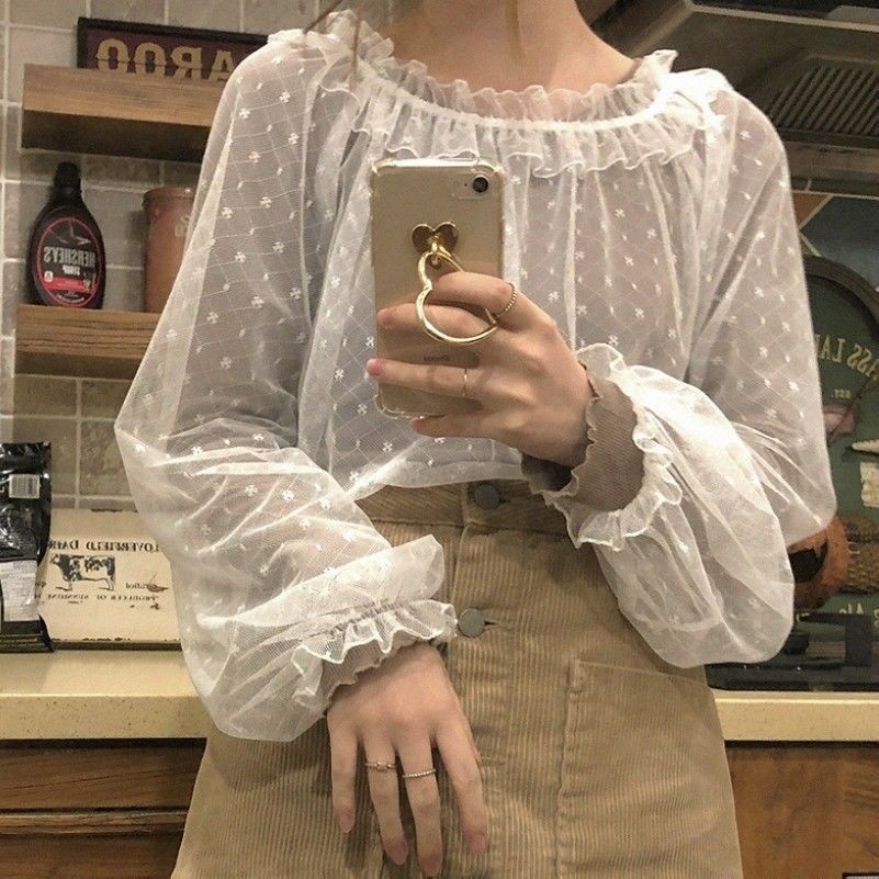 Femme Maille Pur Haut Chemisier Transparent Lacets Manches Ballons Toile
