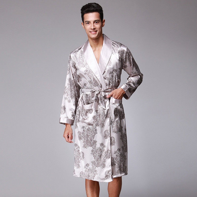 Mens Faux Silk Pajamas Kimono Bathrobe Robes Long Sleeve Dressing Gown Sleepwear