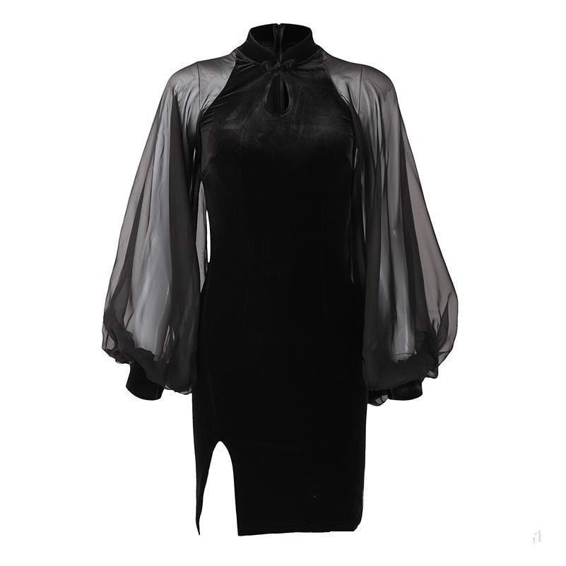 Femme Dos Séparé Robe Velours Mousseline de Soie Manches Ballons Serrure
