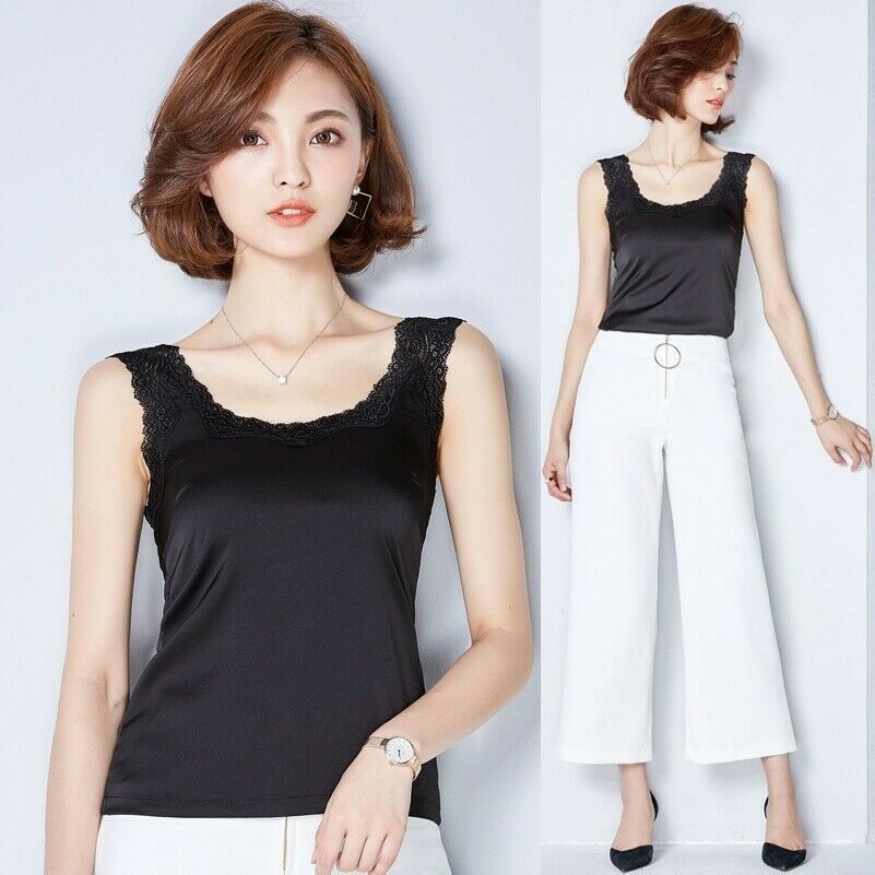 Ladies Lace Satin Camisole Faux Silk Tank Top Vest Sleeveless Solid Blouse Slim