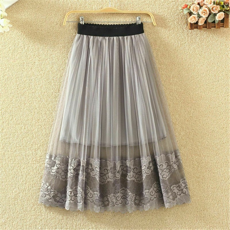 Lady Mesh Midi Skirt Floral Lace Tulle A Line High Waist Sweet Fairy Casual