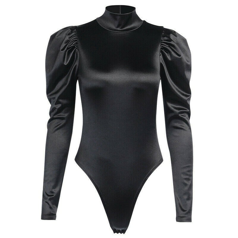 Damen Body Oberteil Overall Lang Puffärmel Rollkragen Club Reißverschluss