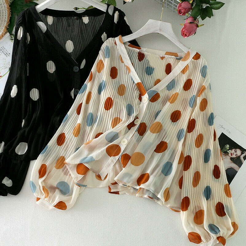 Damen Plissierter Chiffon Hemd Jacke Gepunktet Durchsichtig Bluse Top Freizeit
