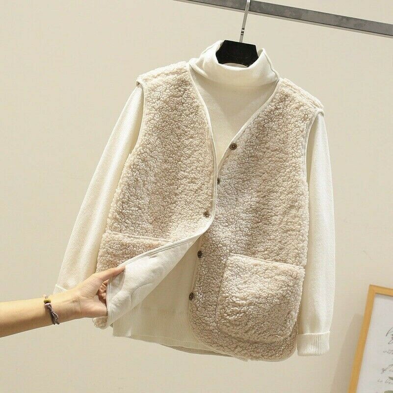 Femme Polaire Sherpa Débardeur sans Manche Cardigan Extérieur Chaud avec Poches