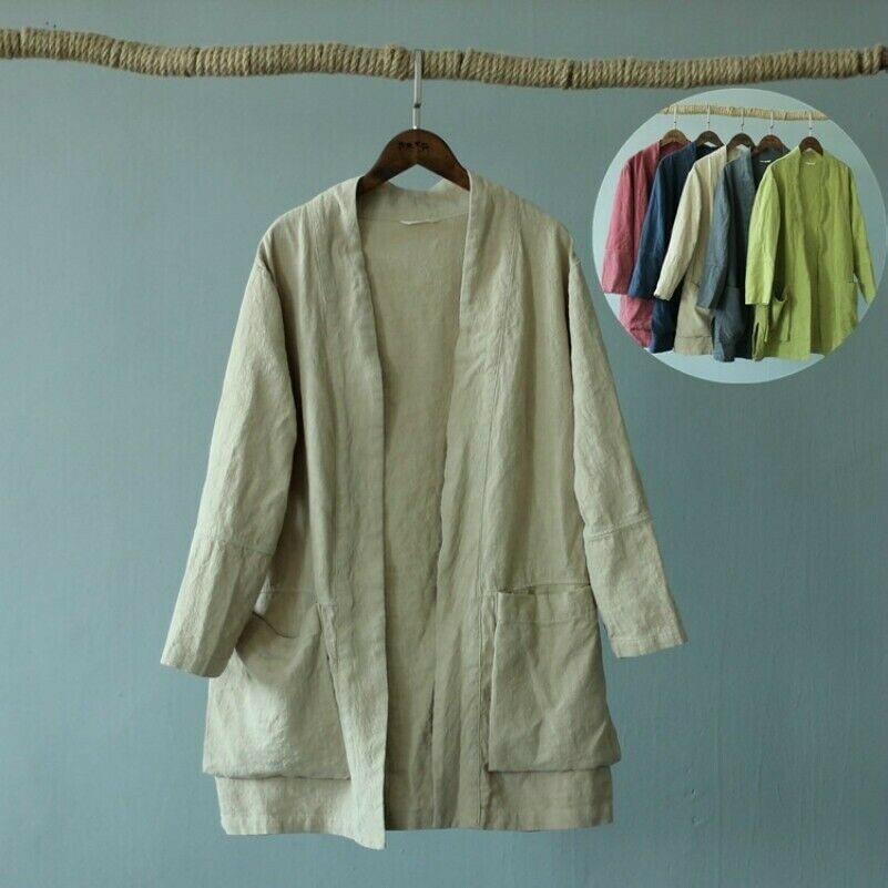 Femme Lin Coton Veste Cardigan Kimono Manteau Poche Extérieur