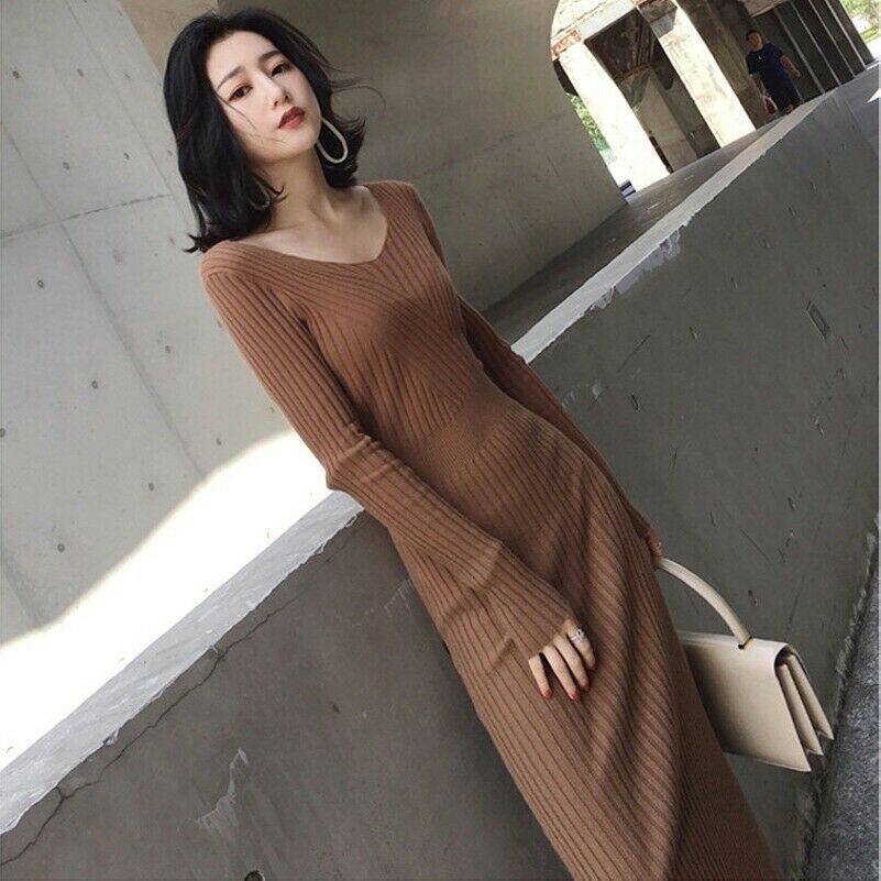 Women Knitted Sweater Dress Slim Fit Rib V-neck Asymmetric Stripe Skinny