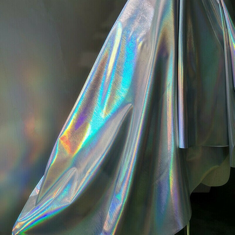 Metallico Laser Lucido Tessuto Elasticizzato Argento Iridescente Arcobaleno
