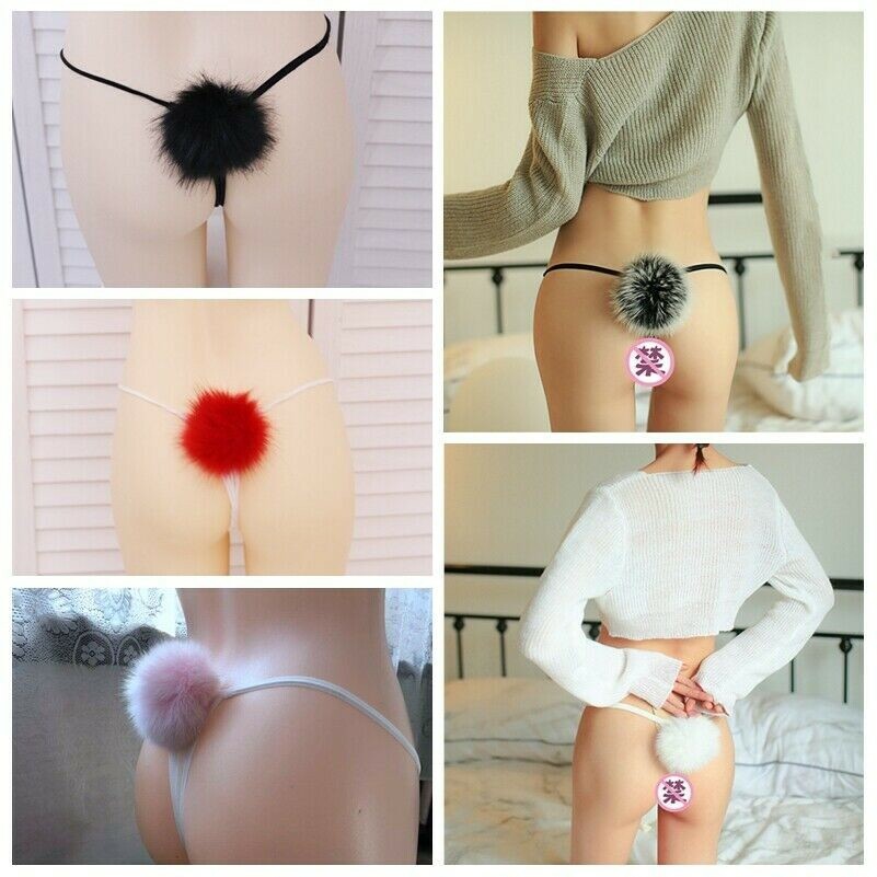 Damen Kunstpelz Hase Schwanz Slip Tanga G-String Slip T-Rücken Lingerie Neu