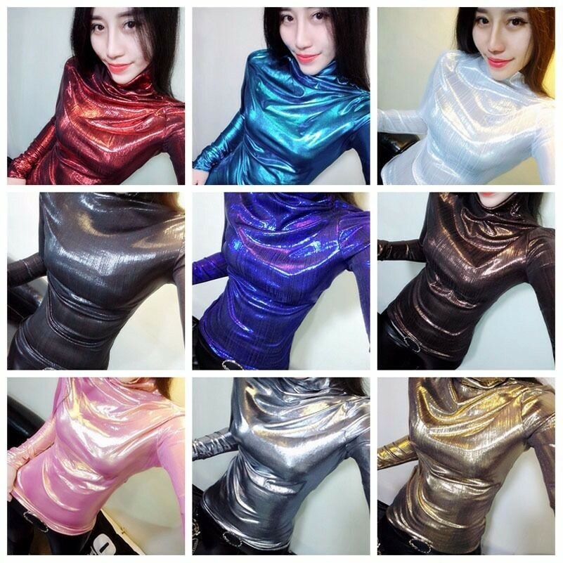Fashion Women Shiny Basic Tee Tops Under Shirts Slim Elastic Glitter Dance Club