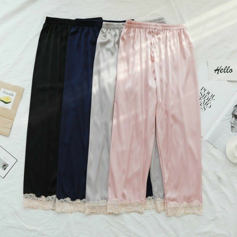 Ladies Satin Trousers Pants Pajama Bottom Faux Silk Sleepwear Nightie Shiny Lace