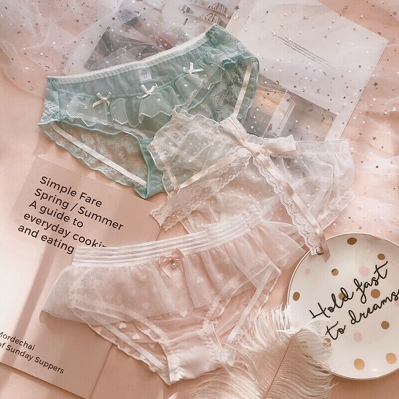 3 Pcs Women Lace Panties Sheer Underwear Lolita Lace Up Mesh Cute Lingerie