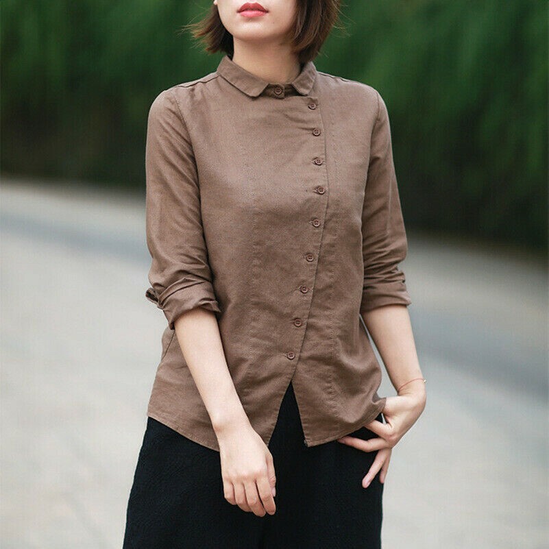 Femme Lin et Coton Haut Chemise Asymétrie Bouton Manches Longues Chemisier