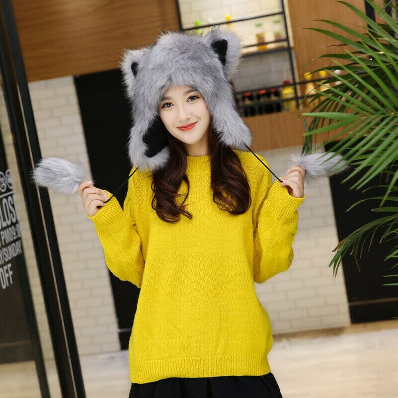 Women Faux Fur Hat Russian Ushanka Cute Fox Ears Trapper Cossack Ski Winter
