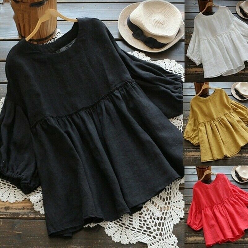 Damen Baumwolle Leinen Top T-Shirt Puffärmel Bluse Solid Locker Baggy Sommer