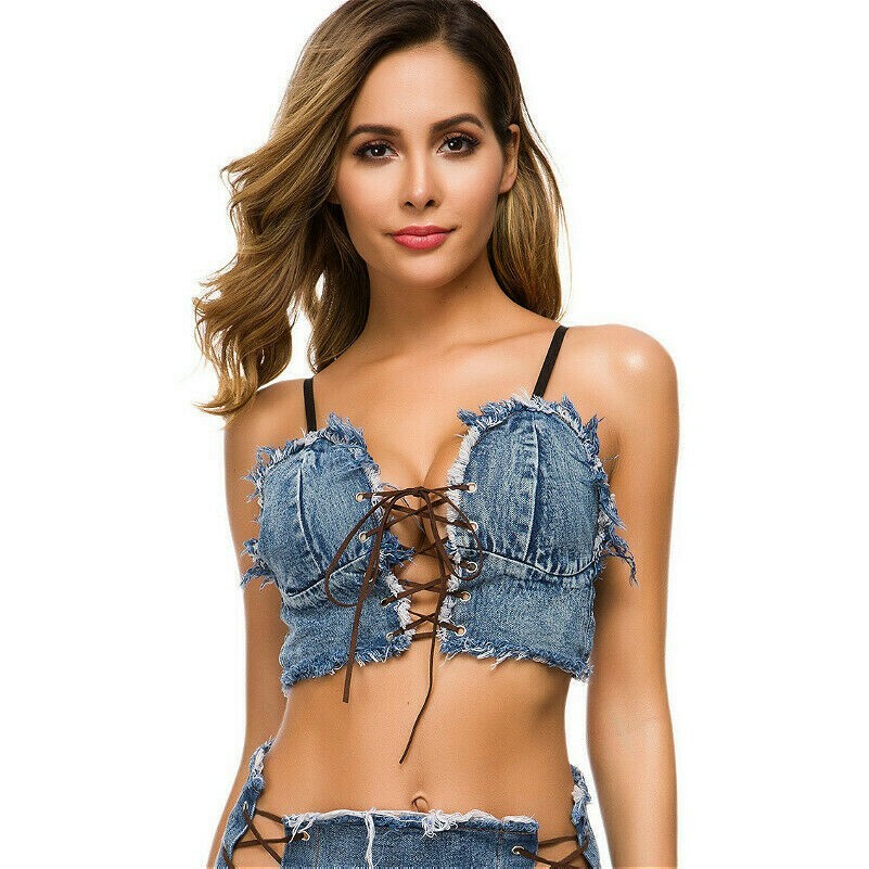 Damen Denim Bh Sexy Bauchfreies Top Jeans Unterhemd Weste Ärmellos Tank Top Club