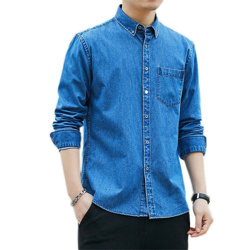 Hommes Bleu Jean Chemise Décontracté Western Bouton Avant Haut Manches Longues