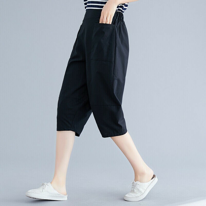 Women Cropped Trousers Pants Shorts High Waist Harem Elastic Loose Summer