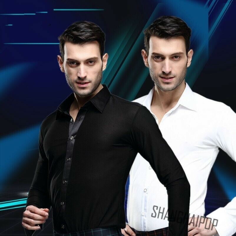 Men Dance Shirt Ballroom Modern Salsa Samba Smooth Latin Long Sleeve V-neck New