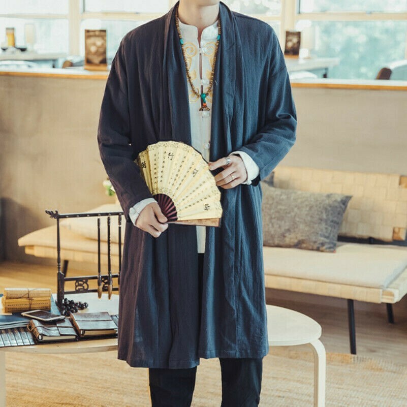 Uomo Cotone Lino Kimono Larga Cappotto Yukata Japanese Giacca Lunga Accappatoio