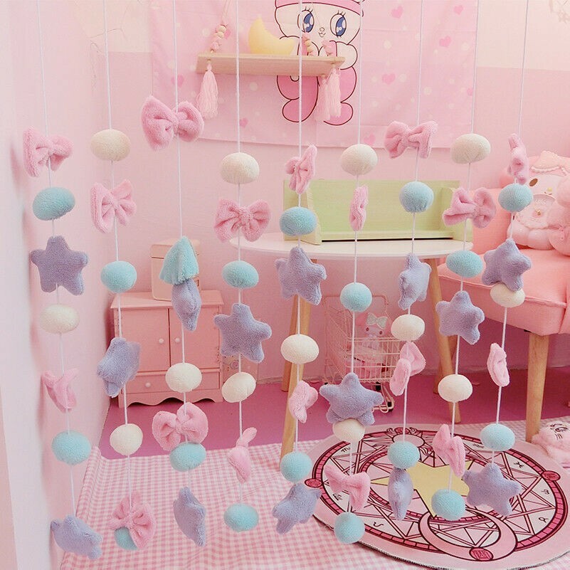 Girls Fluffy Curtain Japanese Cute Sweet Bowknot Pentacle Colorful Room Decor