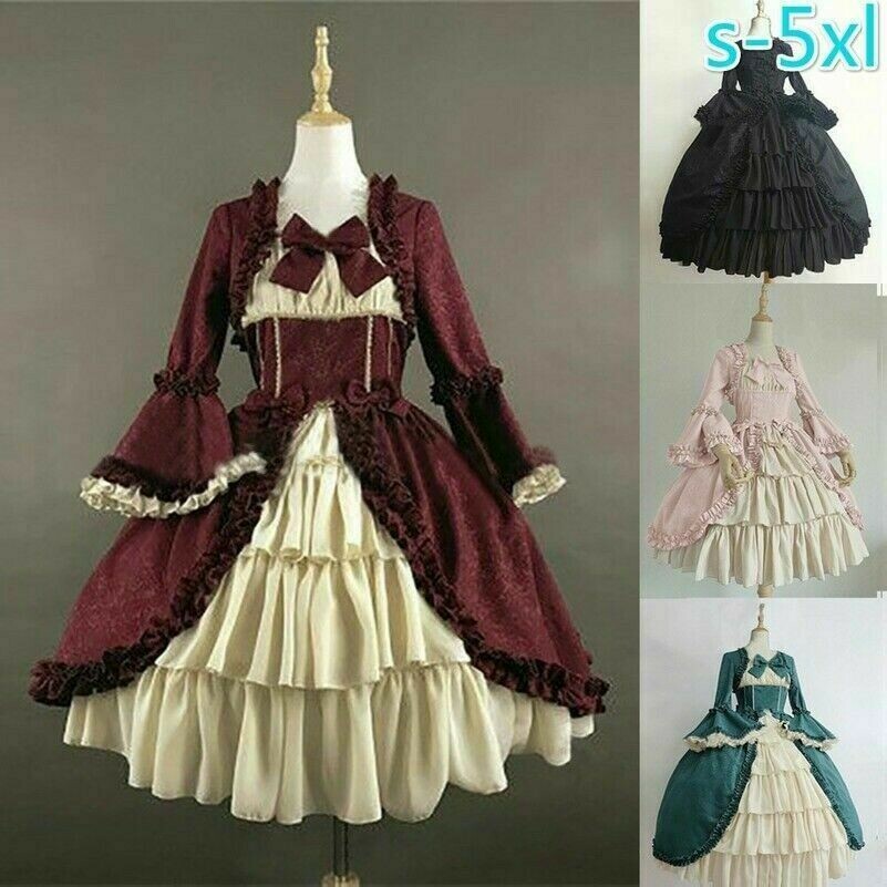 Damen Lolita Viktorianisch Gothic Kleid Rüsche Schleifenknopf Abend Retro Kostüm