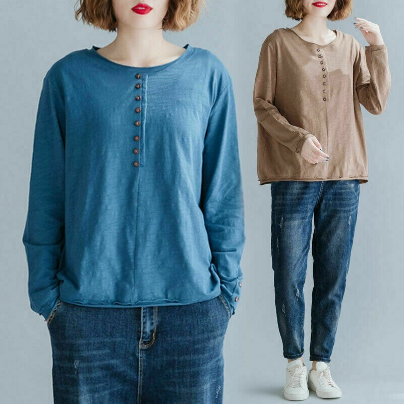 Camicia Donna In T-Shirt A Bottoni Lunga Manica Scollo Rotondo Casuale
