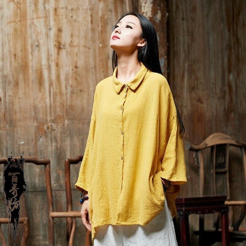 Donna Cotone Lino Camicia Bavero Pipistrello Corto Manica Ampia Casual i Bottoni