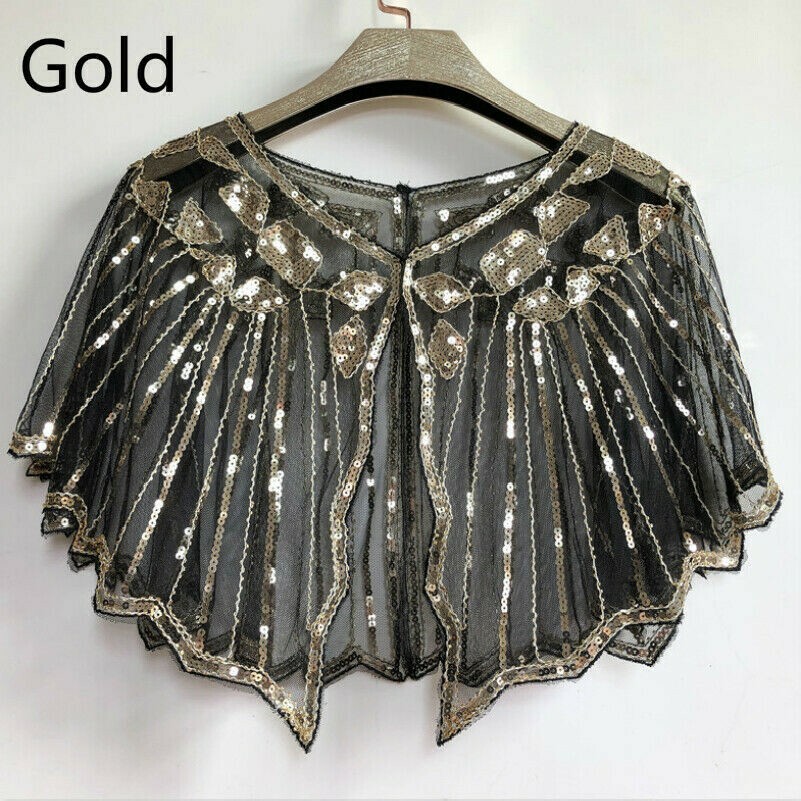 Women 1920s Bolero Flapper Shawl Wrap Sequin Bead Evening Cape Bride Jacket